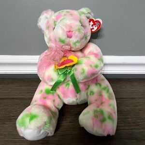 TY Beanie Buddies Bloom Bear Plush Pink Green Floral Flower Bouquet 2003